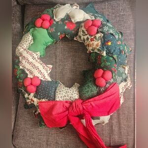 Vintage Festive Patchwork Quilted Homemade Wreath with Red Accents